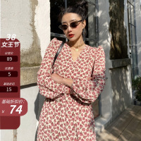 枫述法式复古超仙温柔风粉色裙子v领碎花连衣裙垂感过膝长裙仙女裙女