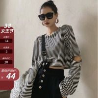 枫述高腰露脐短款条纹T恤女2021春秋新款设计感ins潮破洞宽松唱戏上衣