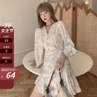 枫述2021春装新款 超仙收腰显瘦碎花裙女桔梗法式复古小众连衣裙