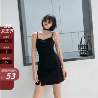 枫述极简主义复古赫本露背平口高腰显瘦性感侧开衩纯色吊带连衣裙短裙