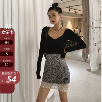 枫述2021春秋新款豹纹蕾丝花边半身裙女高腰显瘦包臀短裙性感一步裙子