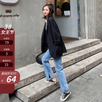 枫述阔腿牛仔裤女2021春新款宽松高腰裤脚开叉高腰直筒拖地裤cec裤子