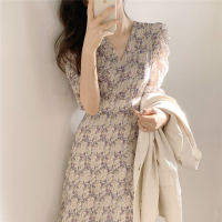 枫述复古淑女甜美碎花超仙雪纺长裙子法式小众收腰显瘦气质V领连衣裙