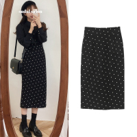 枫述2021韩国chic港风百搭中长款包臀一步裙气质高腰波点开叉半身裙女