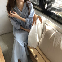 枫述长款衬衫裙2021春装新款韩国宽松休闲棉麻寸衫过膝超长款白衬衣女