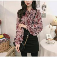枫述春季韩国宽松V领蝴蝶结系带灯笼袖荷叶边碎花雪纺衬衫女打底上衣
