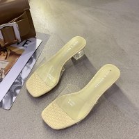 枫述2021夏新款百搭ins潮拖鞋网红透明水晶一字带方跟凉鞋女粗跟中跟