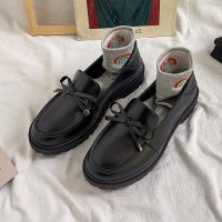 枫述蝴蝶结复古英伦风小皮鞋女2021春季新款百搭松糕厚底一脚蹬乐福鞋