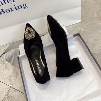 枫述高跟鞋子女2021年新款春季百搭水钻尖头中跟粗跟黑色绒面四季单鞋