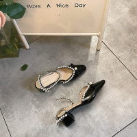 枫述包头凉鞋女2021春季新款高跟鞋女时尚串珠蝴蝶结一字带尖头单鞋女