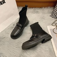 枫述英伦风马丁靴女复古针织弹力靴袜靴秋季新款平底瘦瘦靴内增高短靴