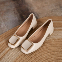 枫述方头浅口软底单鞋女2022年春季少女百搭方扣软皮仙女鞋法式高跟鞋