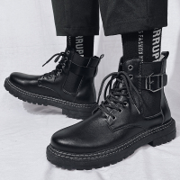 枫述男鞋秋季英伦风高帮黑色马丁靴长筒大头皮靴户外休闲增高工装潮鞋