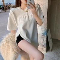 婕秘2021年春季新款中长款灯芯绒字母短袖T恤宽松开叉上衣打底衫女装