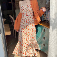 婕秘法式新款显瘦鱼尾吊带连衣裙仙女2021年春秋碎花裙复古中长款裙子