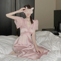 婕秘短袖长款睡裙仙女春缎面显瘦v领蕾丝睡衣连衣裙子法式复古大摆裙