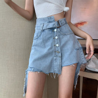 婕秘排扣不规则毛边阔腿牛仔短裤子潮春夏新款宽松学生显瘦直筒热裤女