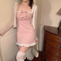婕秘LGGSTYLE chic风蕾丝花边粉色少女连衣裙收腰显瘦法式裙子女