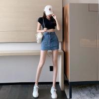 婕秘LGGSTYLE chic风韩版高腰设计感洗水牛仔半身裙修身包臀毛边裤裙