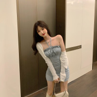 婕秘LGGSTYLE chic风修身一抹蓝连衣裙+针织短款开衫套装女2020新款