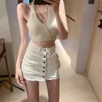 婕秘LGGSTYLE chic风单排扣高腰包臀牛仔短裙女显瘦a字半身裙裤女