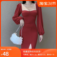 婕秘复古宫廷风泡泡袖连衣裙女欧美女装设计感气质开叉裙子