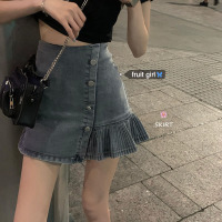 婕秘FRUITY甜欲穿搭~早春高腰显腿牛仔短裙女防走光内衬百褶a字半身裙