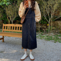 婕秘复古深蓝色牛仔背带裙女韩版学生减龄宽松显瘦百搭中长款连衣裙子