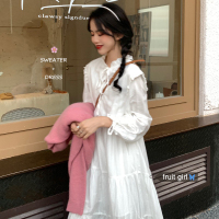 婕秘韩版ins可甜可盐木耳边小立领连衣裙女春季收腰显瘦中长款打底裙