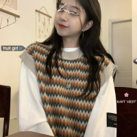 婕秘FRUITY韩版chic复古波浪纹撞色套头毛衣女春季宽松无袖针织衫坎肩