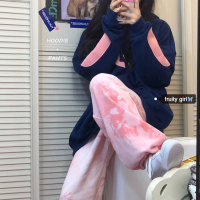 婕秘韩版ins设计感拼接字母套头卫衣+高腰显瘦扎染撞色束脚裤休闲套装