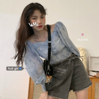 婕秘FRUITY韩版chic撞色扎染清新蓝套头衬衫女设计感小众短款方领上衣