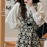 婕秘FRUITY韩版ins镂空内搭蕾丝衫+复古提花长款背心连衣裙叠穿套装裙