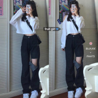 婕秘FRUITY韩版chic设计感露肩短款卫衣+高腰破洞牛仔裤bm套装女春季