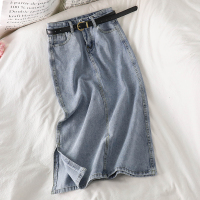 婕秘减龄炸街裙子2021春季新款复古开叉浅色牛仔裙女高腰中长款半身裙