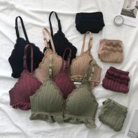婕秘春秋新款无钢圈文胸内裤套装女调整型荷叶边小胸聚拢性感前扣内衣