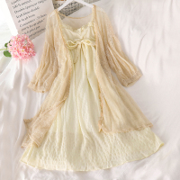 婕秘开衫套装两件套洋气温柔蝴蝶结吊带连衣裙+ins镂空蕾丝长款防晒衫