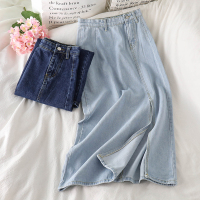 婕秘高腰半身裙2021春季新款中长款复古开叉设计感小众显瘦a字牛仔裙