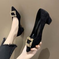 粗跟单鞋女尖头2021新款时尚水钻黑色高跟鞋女士春季一脚蹬工作鞋