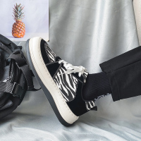 鞋子男潮鞋韩版厚底低帮斑马纹休闲板鞋百搭帆布鞋潮流面包鞋加绒