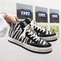 春季新款高帮帆布男鞋韩版斑马纹个性潮鞋百搭休闲板鞋青少年男鞋