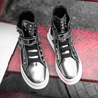 松糕男鞋春秋季亮皮反光镜面潮男鞋子银色夜场个性板鞋高帮增高鞋