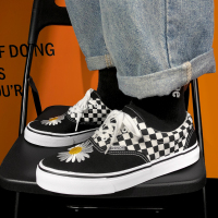 黑白棋盘格低帮帆布鞋男权志龙同款小雏菊韩版潮流百搭情侣板鞋子