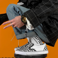 夏季棋盘格子一脚蹬帆布鞋男低帮ins潮鞋子韩版百搭情侣板鞋透气