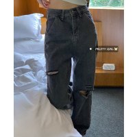 FRUITY韩版chic复古水洗黑色破洞牛仔裤女高腰显瘦阔腿拖地老爹裤