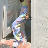 FRUITY韩版ins洋气扎染彩色牛仔裤女高腰显瘦直筒宽松阔腿拖地裤