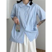 苏芈2021春季韩版新款日系宽松娃娃领短袖蓝色衬衫女设计感小众上衣