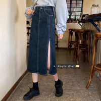 苏芈牛仔半身裙女2021春季新款韩版高腰设计感小众开叉中长款A字裙子