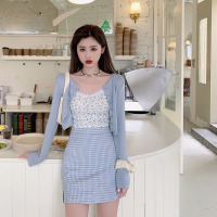 苏芈春季BM风套装女2021新款时尚三件套针织开衫+碎花吊带+格子半身裙