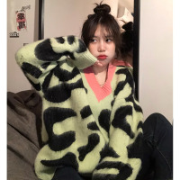 苏芈V领豹纹毛衣女2021年春季新款复古宽松外穿慵懒风套头针织衫上衣